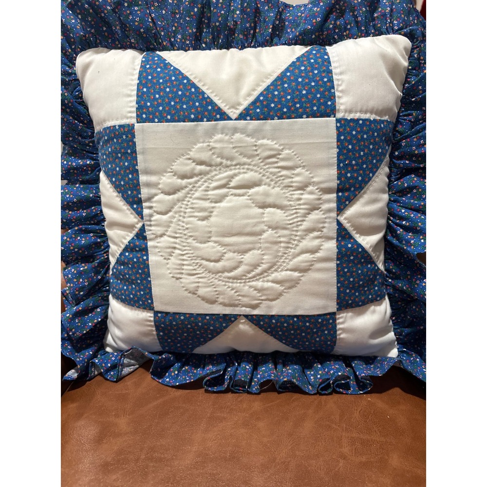 Vintage Quilted Star Throw Pillow Blue White Floral Ruffle Cottagecore 16x16